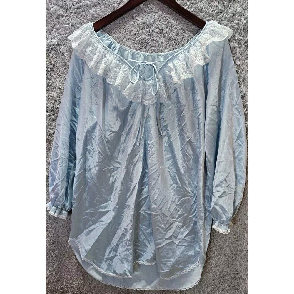Vintage Lady Cameo Dallas BABYDOLL Blue Satin‎ Lace Nightgown UNION tag XL